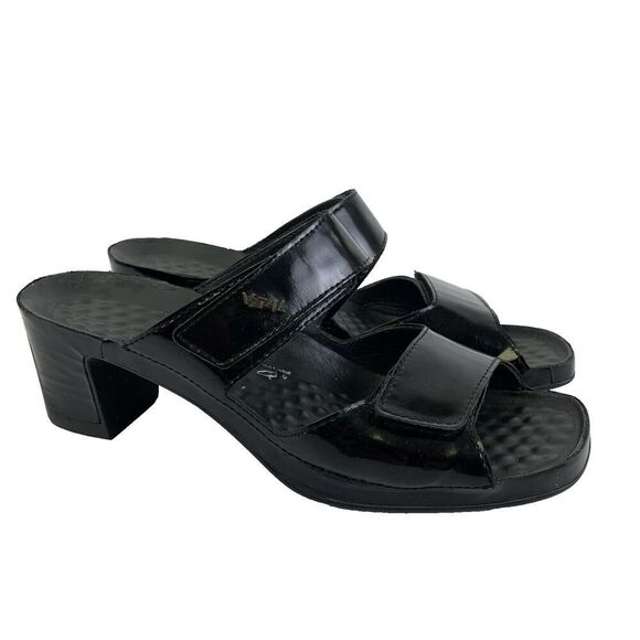 Vital Joy Block Heel Sandals Black Patent Leather Mule Strap Adjustable 38 US 7 - Picture 1 of 14